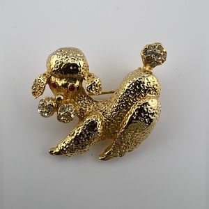 Gold Tone Pooch Brooch Leaning with Red Eyes